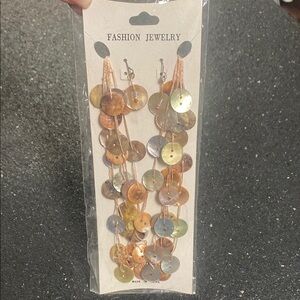 Fashion Jewelry Green and Tan Disc Necklace &Dangle Earrings